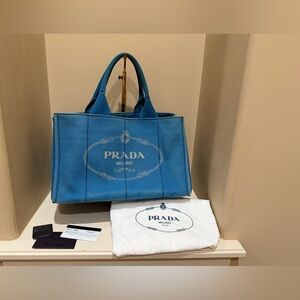 Prada Blue Canapa XL Canvas Tote Bag w/dustbag & cards